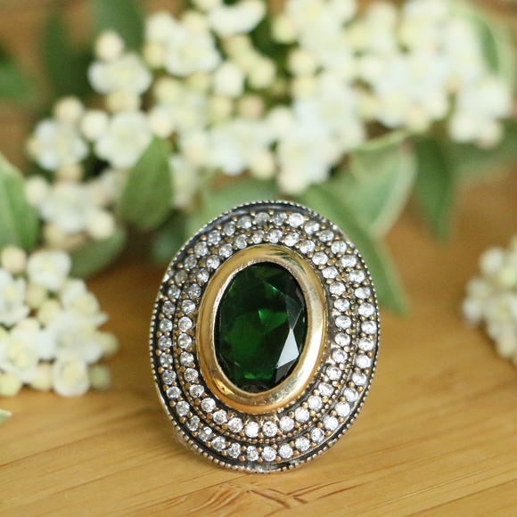 Grand Bazaar Jewelers Jewelry - Sterling Silver Jade Stone and Cubic Zirconia Size 7.75